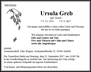 Traueranzeige von Ursula Greb von VRM Trauer