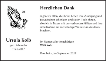 Traueranzeige von Ursula Kolb von Trauerportal Rhein Main Presse
