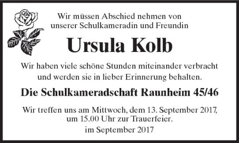  Traueranzeige für Ursula Kolb vom 09.09.2017 aus Trauerportal Rhein Main Presse