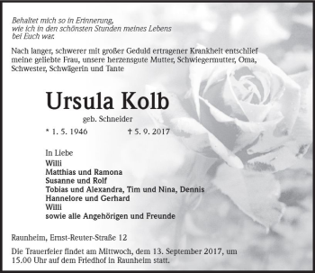 Traueranzeige von Ursula Kolb von Trauerportal Rhein Main Presse