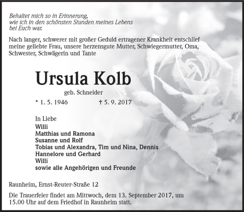  Traueranzeige für Ursula Kolb vom 09.09.2017 aus Trauerportal Rhein Main Presse
