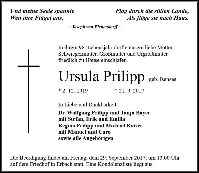  Traueranzeige für Ursula Prilipp vom 27.09.2017 aus Trauerportal Echo Online
