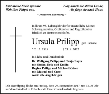 Traueranzeige von Ursula Prilipp von Trauerportal Echo Online