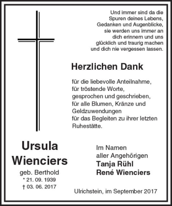 Traueranzeige von Ursula Wienciers von VRM Trauer