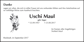 Traueranzeige von Uschi Maul von Trauerportal Echo Online