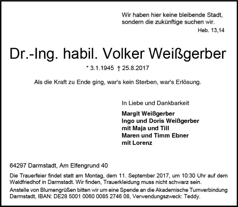  Traueranzeige für Volker Weißgerber vom 02.09.2017 aus Trauerportal Echo Online