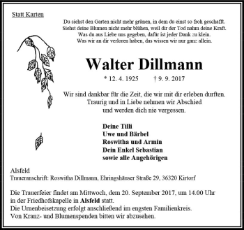 Traueranzeige von Walter Dillmann von VRM Trauer