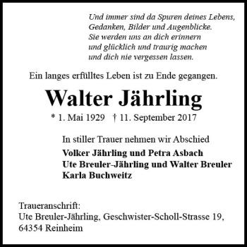 Traueranzeige von Walter Jährling von Trauerportal Echo Online