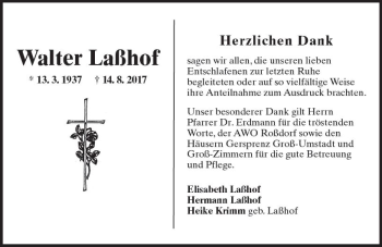 Traueranzeige von Walter Laßhof von Trauerportal Echo Online