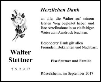 Traueranzeige von Walter Stettner von Trauerportal Rhein Main Presse
