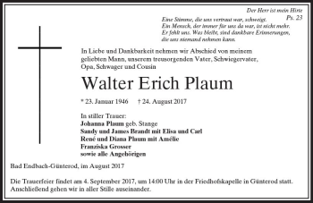 Traueranzeige von Walter Erich Plaum von Trauerportal Echo Online