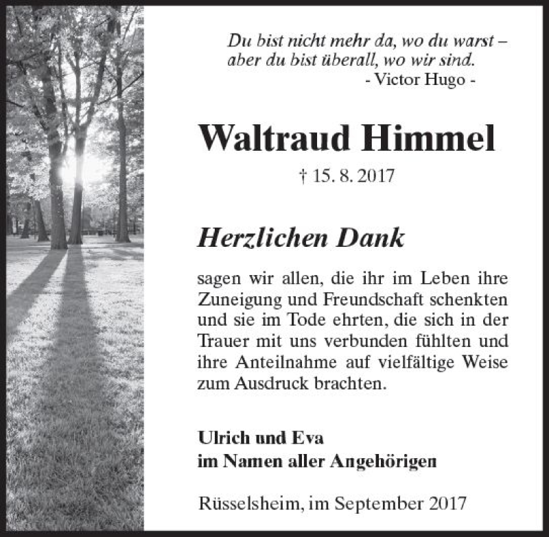  Traueranzeige für Waltraud Himmel vom 02.09.2017 aus Trauerportal Rhein Main Presse