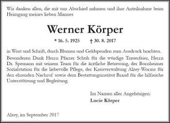 Traueranzeige von Werner Körper von Trauerportal Rhein Main Presse