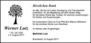 Traueranzeige von Werner Lutz von Trauerportal Echo Online
