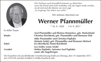 Traueranzeige von Werner Pfannmüller von  Kreisanzeiger