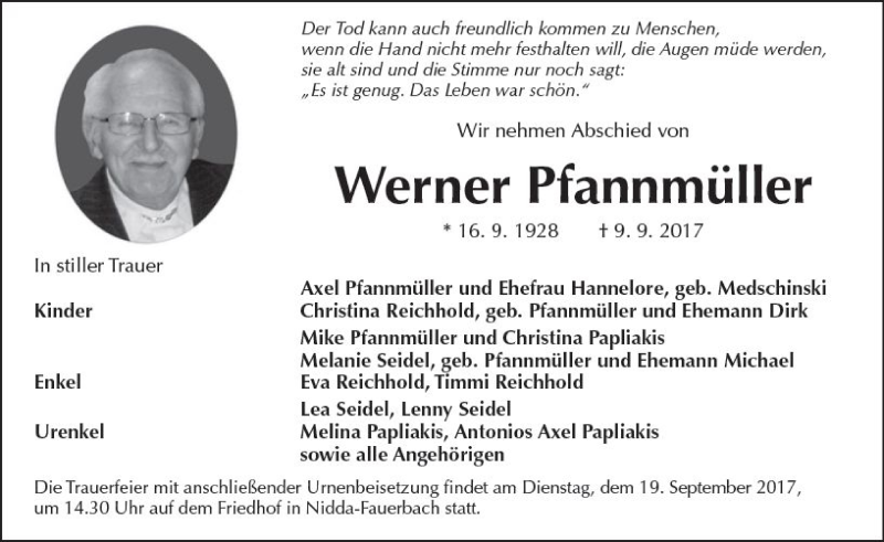  Traueranzeige für Werner Pfannmüller vom 16.09.2017 aus  Kreisanzeiger