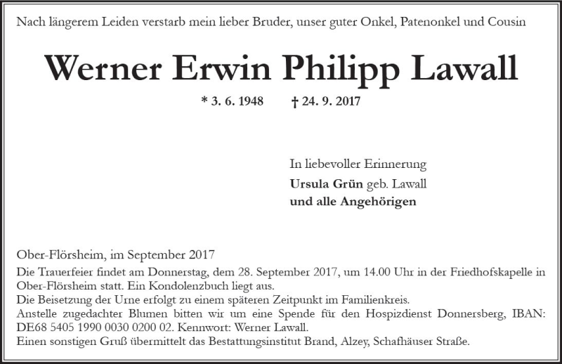  Traueranzeige für Werner Erwin Philipp Lawall vom 26.09.2017 aus Trauerportal Rhein Main Presse