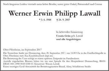 Traueranzeige von Werner Erwin Philipp Lawall von Trauerportal Rhein Main Presse