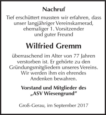 Traueranzeige von Wilfried Gremm von Trauerportal Echo Online