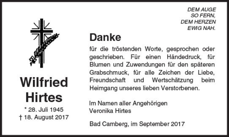  Traueranzeige für Wilfried Hirtes vom 07.09.2017 aus  Camberger Anzeiger