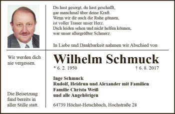 Traueranzeige von Wilhelm Schmuck von Trauerportal Echo Online