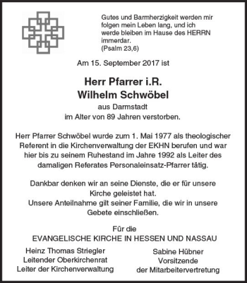 Traueranzeige von Wilhelm Schwöbel von Trauerportal Echo Online