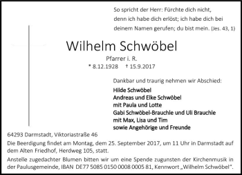 Traueranzeige von Wilhelm Schwöbel von Trauerportal Echo Online