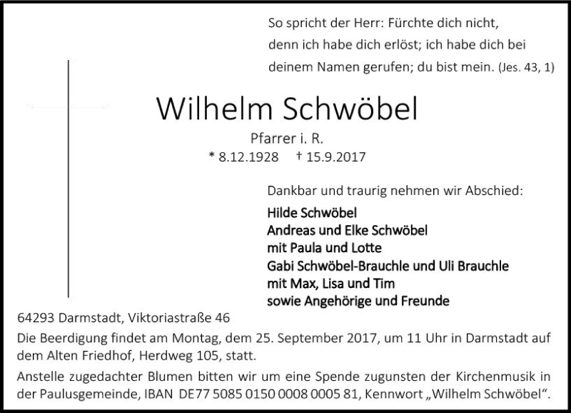  Traueranzeige für Wilhelm Schwöbel vom 20.09.2017 aus Trauerportal Echo Online