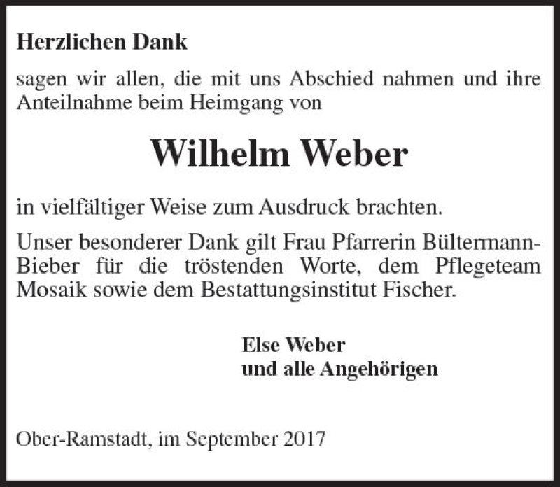  Traueranzeige für Wilhelm Weber vom 23.09.2017 aus Trauerportal Echo Online
