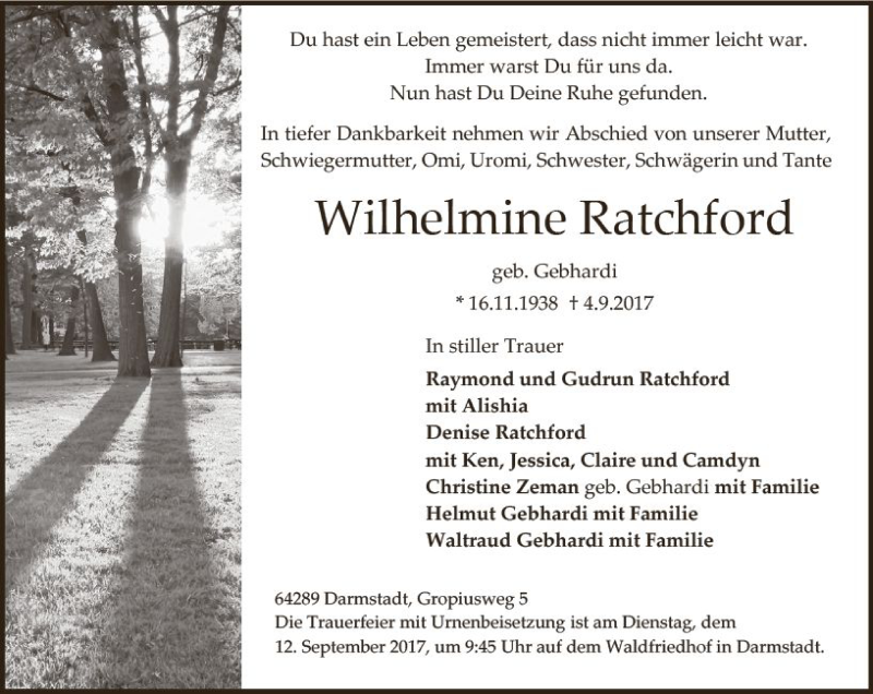  Traueranzeige für Wilhelmine Ratchford vom 09.09.2017 aus Trauerportal Echo Online