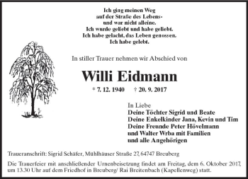 Traueranzeige von Willi Eidmann von Trauerportal Echo Online