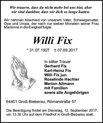 Traueranzeige von Willi Fix von Trauerportal Echo Online
