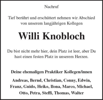 Traueranzeige von Willi Knobloch von Trauerportal Rhein Main Presse