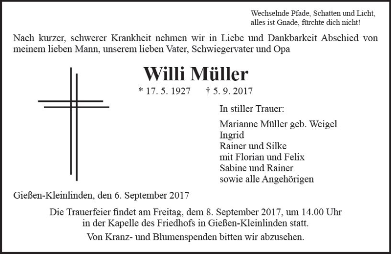  Traueranzeige für Willi Müller vom 06.09.2017 aus  Gießener Anzeiger