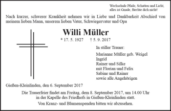 Traueranzeige von Willi Müller von  Gießener Anzeiger
