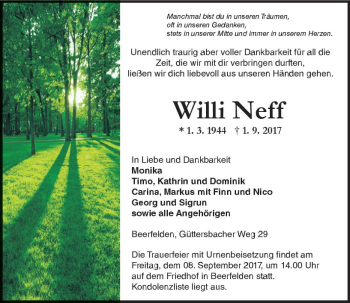 Traueranzeige von Willi Neff von Trauerportal Echo Online