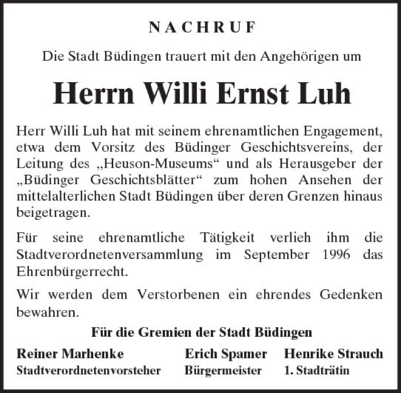  Traueranzeige für Willi Ernst Luh vom 02.09.2017 aus  Kreisanzeiger