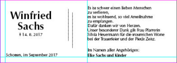 Traueranzeige von Winfried Sachs von  Kreisanzeiger