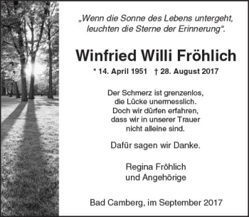 Traueranzeige von Winfried Willi Fröhlich von  Camberger Anzeiger