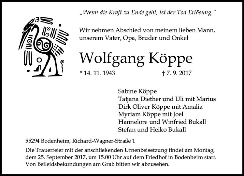  Traueranzeige für Wolfgang Köppe vom 16.09.2017 aus Trauerportal Rhein Main Presse