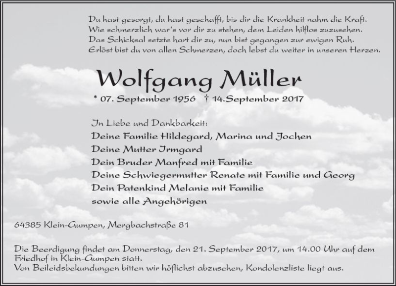  Traueranzeige für Wolfgang Müller vom 19.09.2017 aus Trauerportal Echo Online