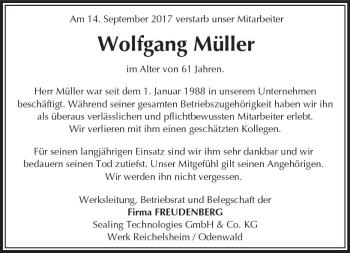 Traueranzeige von Wolfgang Müller von Trauerportal Echo Online