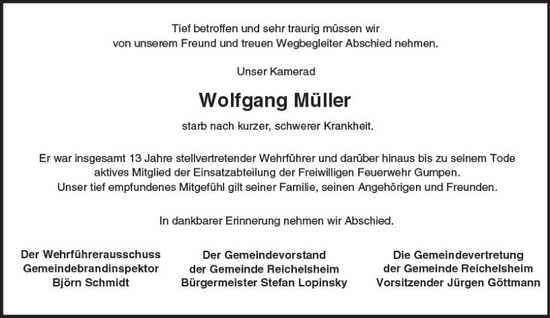  Traueranzeige für Wolfgang Müller vom 20.09.2017 aus Trauerportal Echo Online