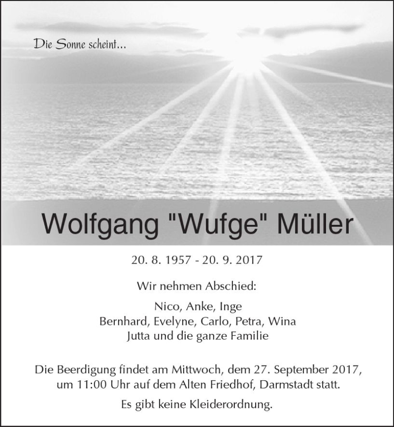  Traueranzeige für Wolfgang  Müller vom 23.09.2017 aus Trauerportal Echo Online