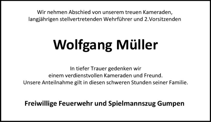  Traueranzeige für Wolfgang Müller vom 20.09.2017 aus Trauerportal Echo Online