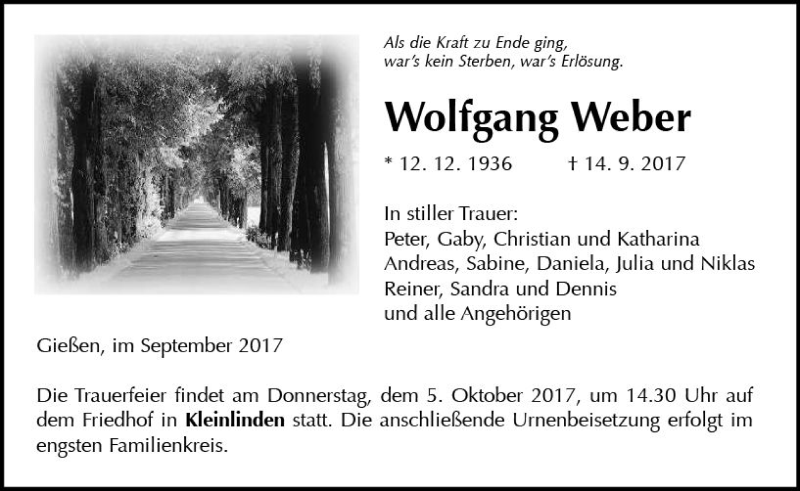  Traueranzeige für Wolfgang Weber vom 23.09.2017 aus  Gießener Anzeiger
