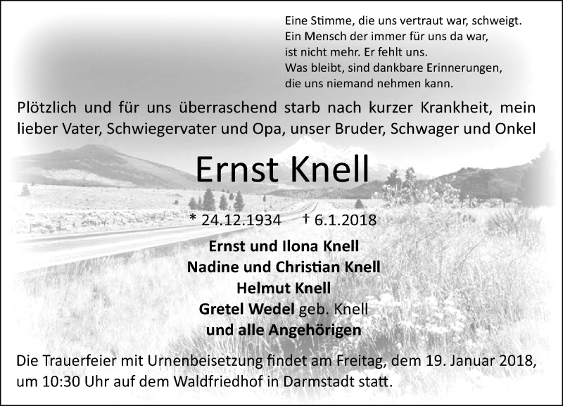  Traueranzeige für Ernst Knell vom 17.01.2018 aus Trauerportal Rhein Main Presse