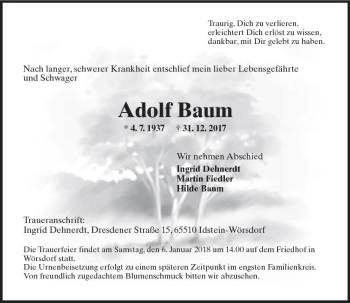 Traueranzeige von Adolf Baum von Trauerportal Rhein Main Presse