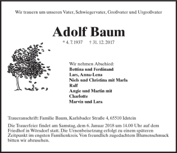 Traueranzeige von Adolf Baum von Trauerportal Rhein Main Presse