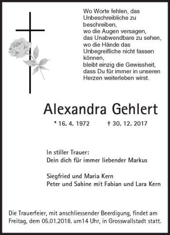 Traueranzeige von Alexandra Gehlert von Trauerportal Rhein Main Presse